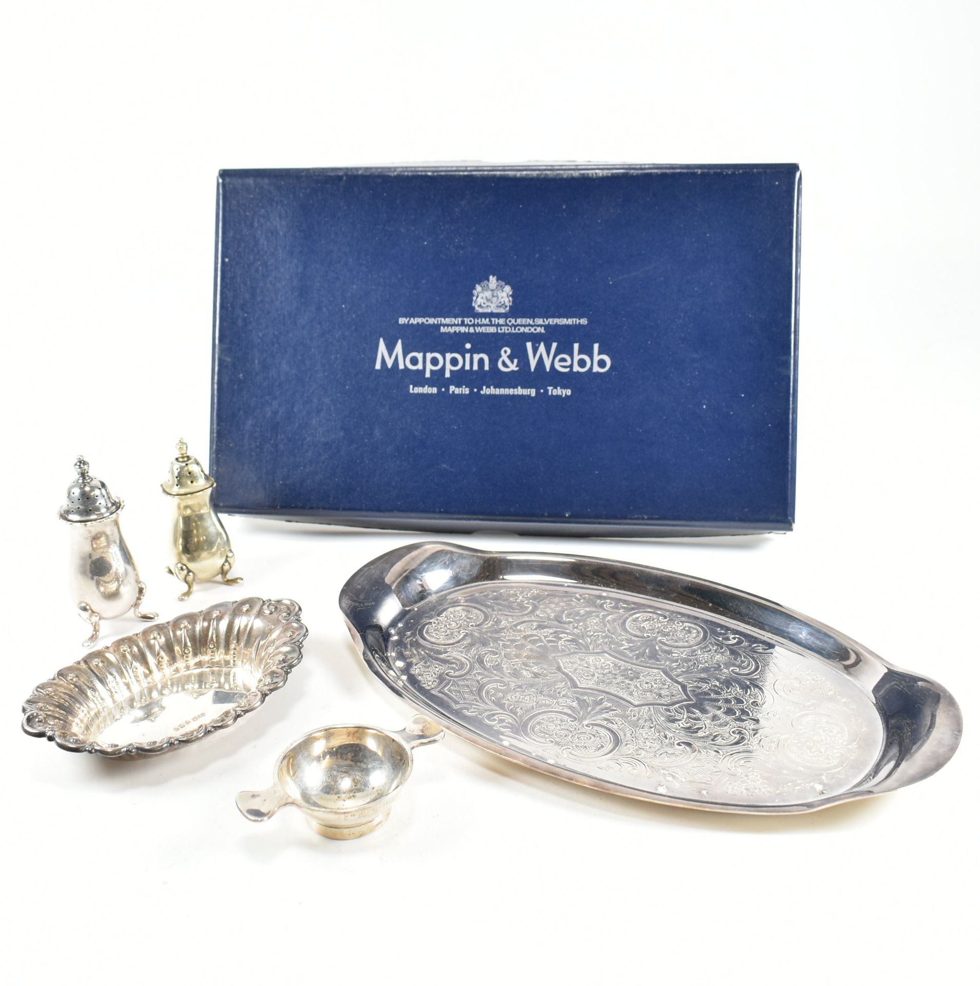 HALLMARKED SILVER ITEMS & SILVER PLATED MAPPIN & WEBB TRAY