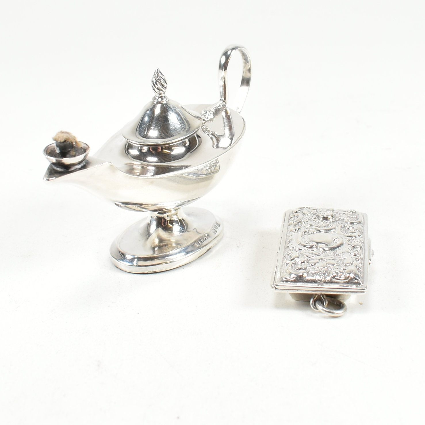 HALLMARKED SILVER MINIATURE OIL LAMP AND CHATELAINE PILL BOX - Image 3 of 8