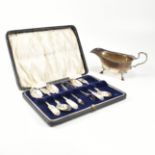 GEORGE V HALLMARKED SILVER SAUCE BOAT SPOONS & SUGAR TONGS
