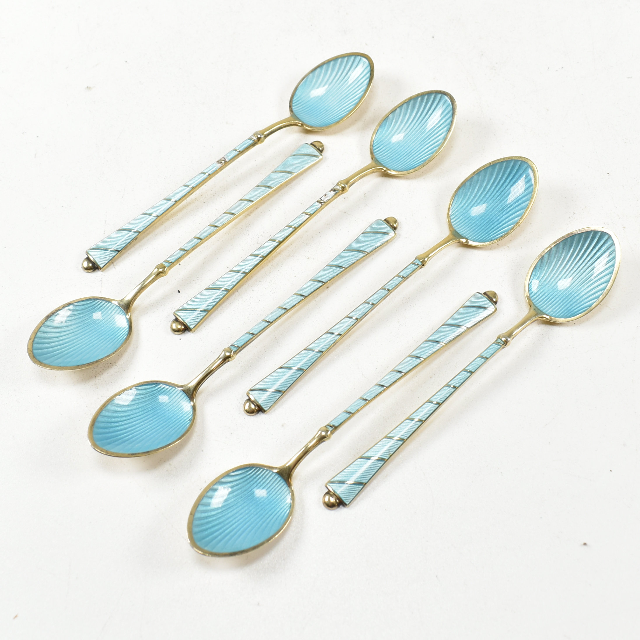 7 DANISH 925 STERLING & GUILLOCHE ENAMEL DEMITASSE SPOONS