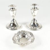 EARLY 20TH CENTURY HALLMARKED SILVER CANDLESTICKS & DISH