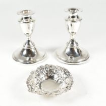 EARLY 20TH CENTURY HALLMARKED SILVER CANDLESTICKS & DISH