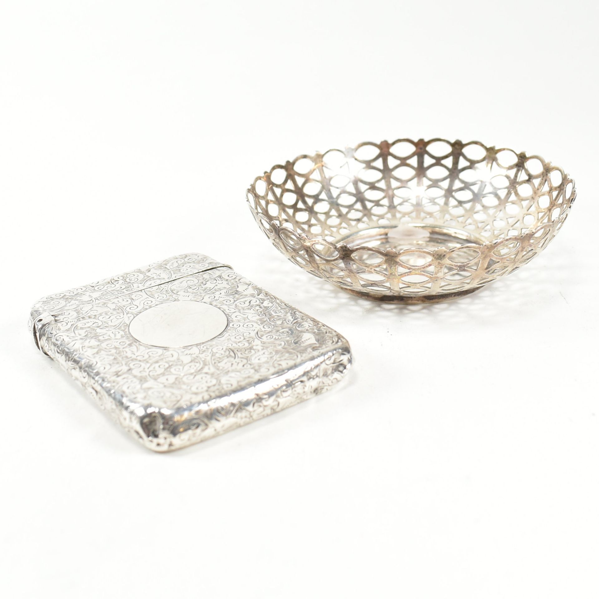 VICTORIAN HALLMARKED SILVER CARD CASE & LATER DISH - Image 2 of 7