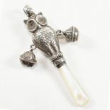 EARLY 20TH CENTURY SILVER OWL RATTLE & MOTHER OF PEARL TEETHER