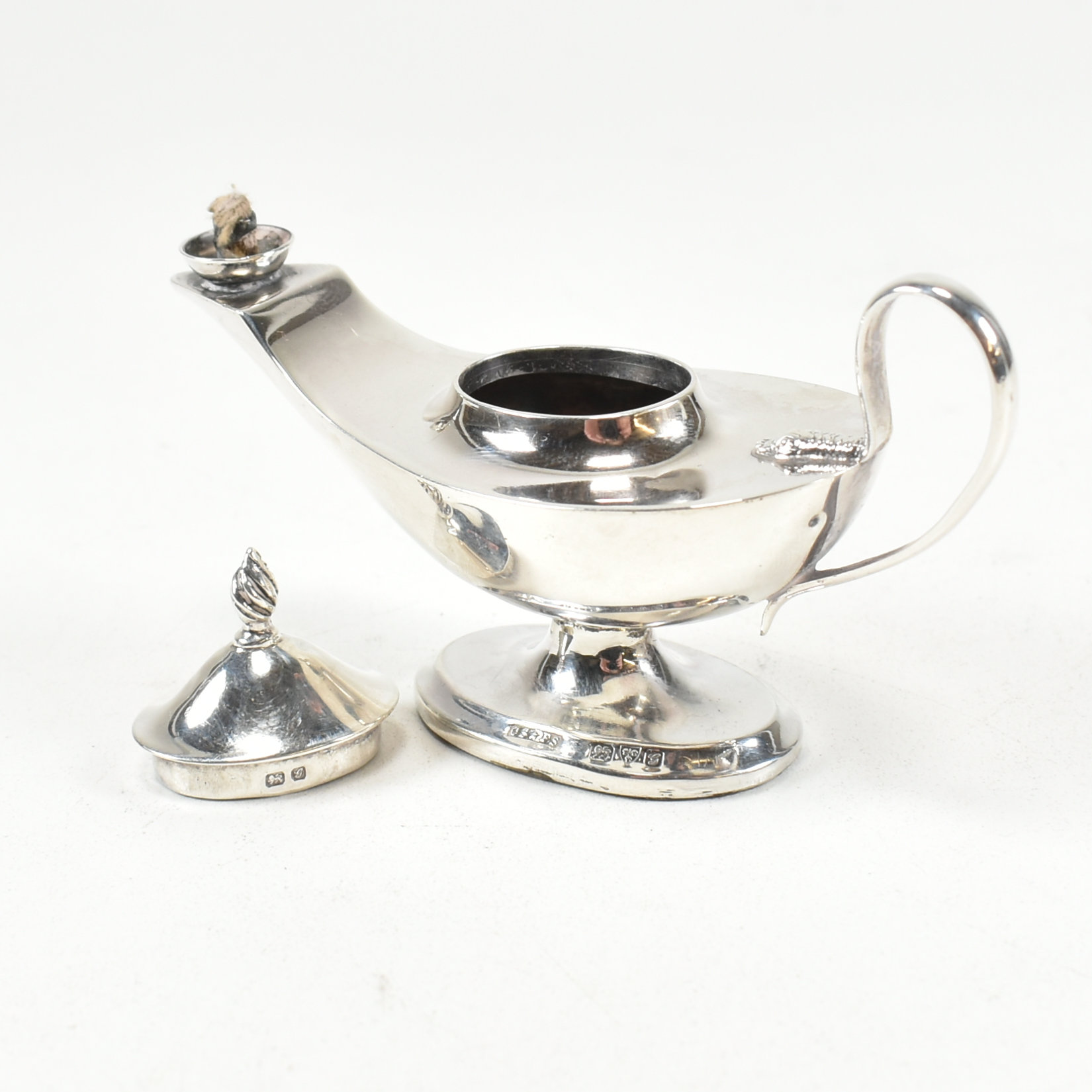 HALLMARKED SILVER MINIATURE OIL LAMP AND CHATELAINE PILL BOX - Image 5 of 8