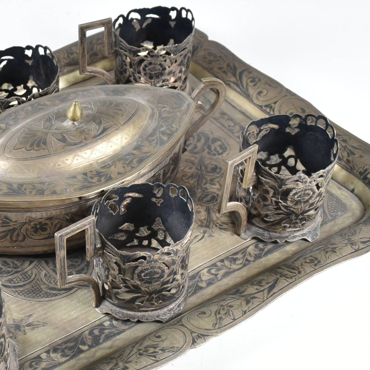 PERSIAN WHITE METAL NIELLO TEA SET - Image 4 of 18