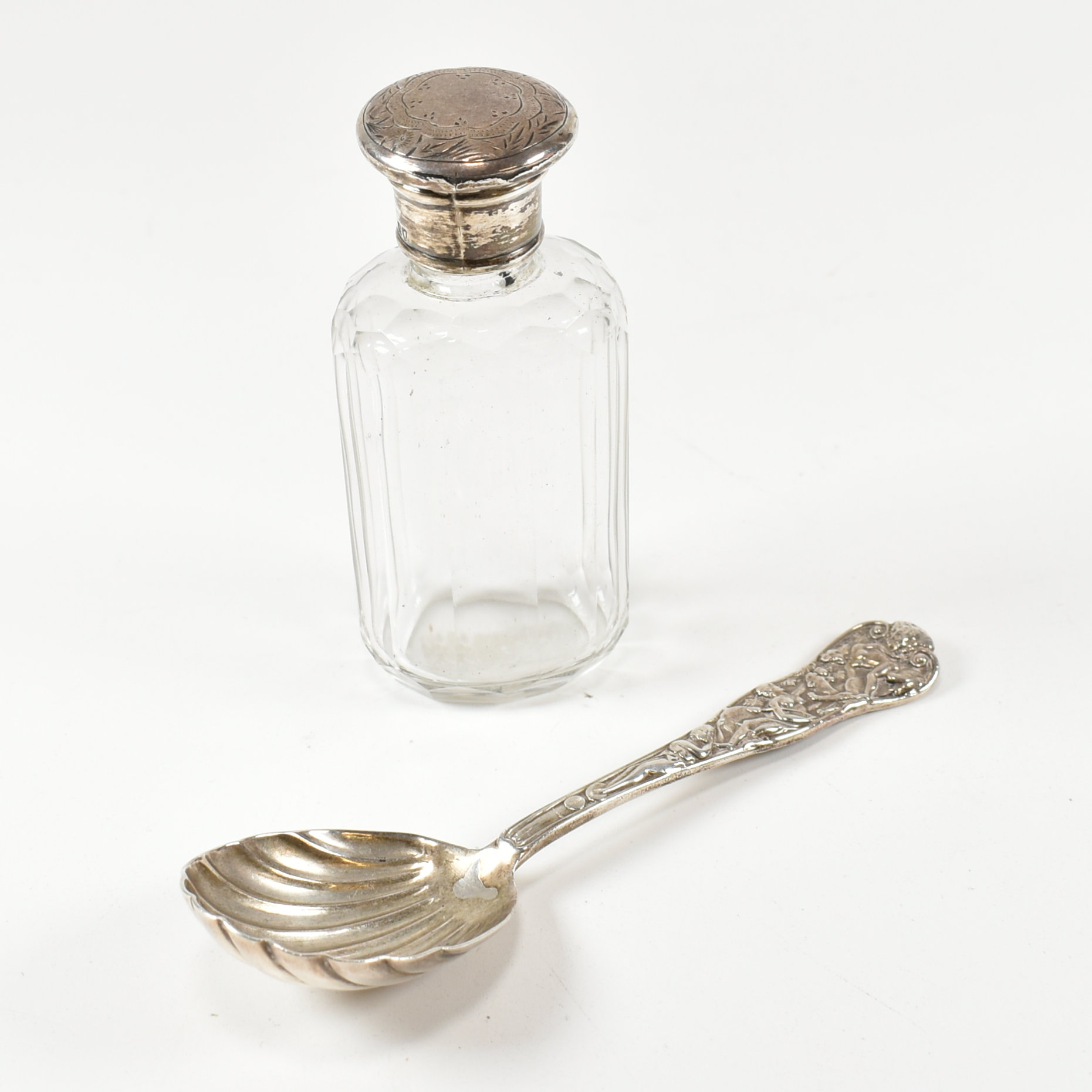 VICTORIAN HALLMARKED SILVER PRESERVE SPOON & PERFUME BOTTLE