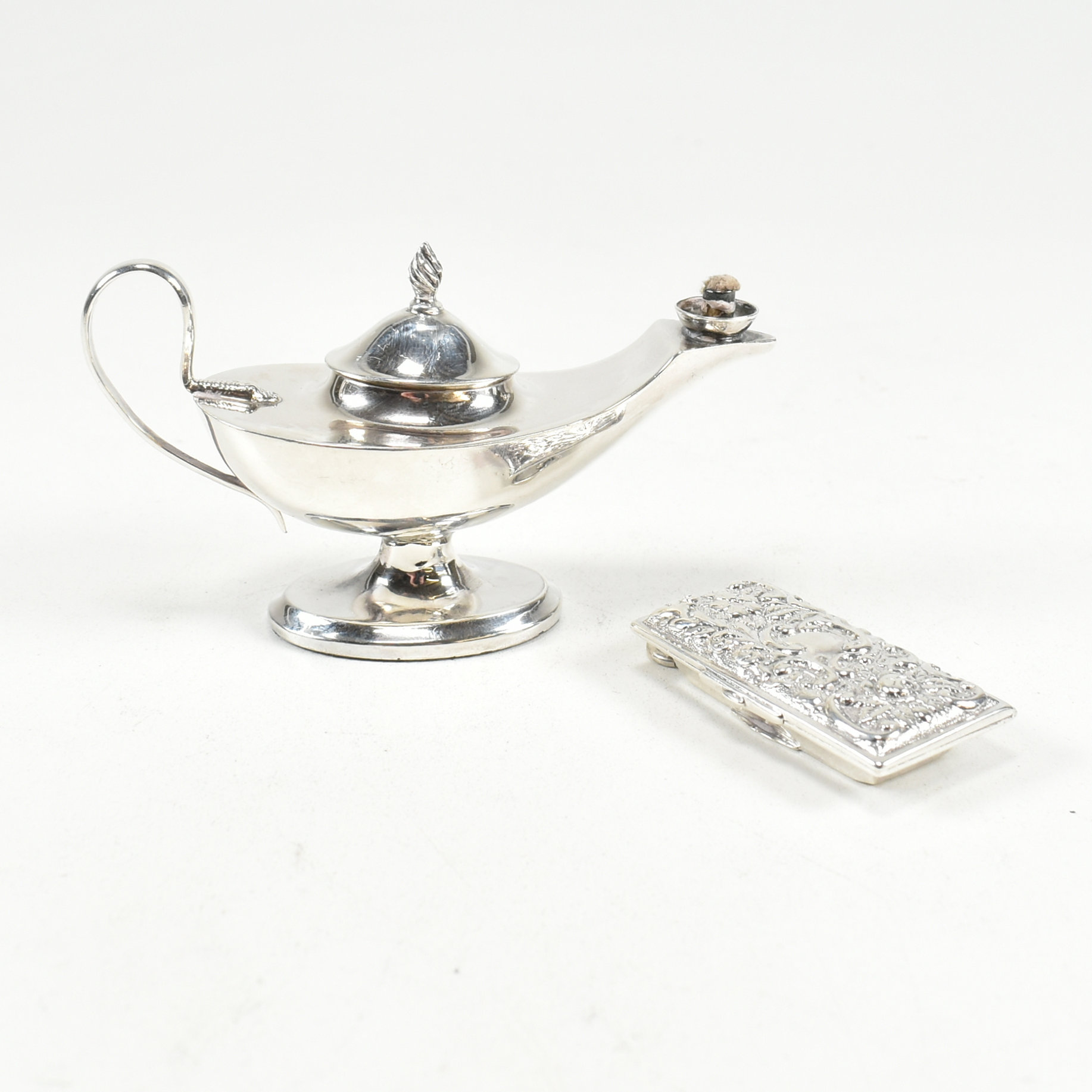 HALLMARKED SILVER MINIATURE OIL LAMP AND CHATELAINE PILL BOX