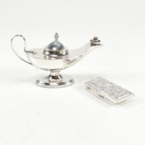 HALLMARKED SILVER MINIATURE OIL LAMP AND CHATELAINE PILL BOX