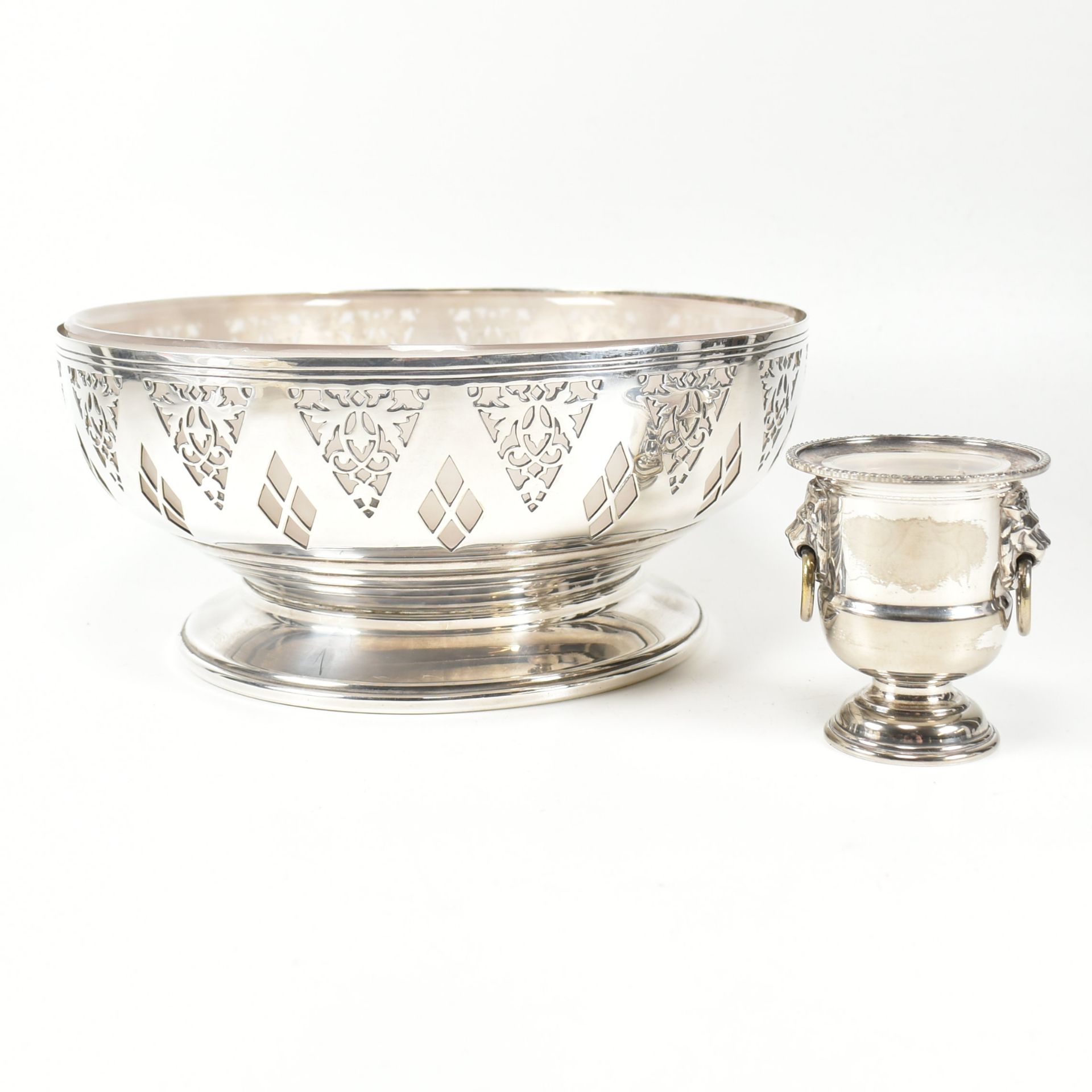 MID CENTURY MAPPIN & WEBB SILVER PLATED FRUIT BOWL & VINERS URN