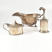 GEORGE V HALLMARKED SILVER CRUETS & LATER SAUCE BOAT