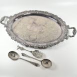 20TH CENTURY LARGE SILVER PLATED TRAY & TWO SPOONS