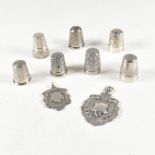 7 HALLMARKED & 925 SILVER THIMBLES & 2 FOB MEDALS VICTORIAN & LATER