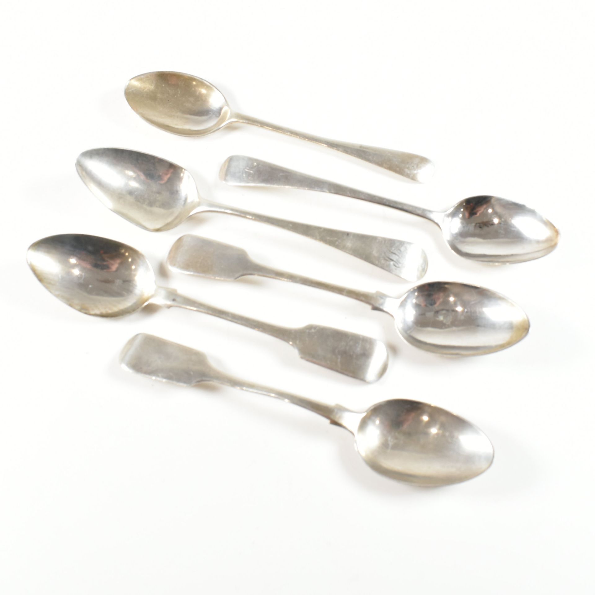 SIX GEORGE III & LATER HALLMARKED SILVER TEA SPOONS