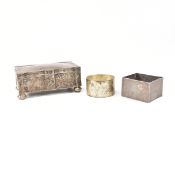 1920S HALLMARKED SILVER MOUNTED JEWELLERY BOX & LATER NAPKIN RING