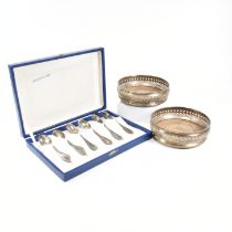 1970S HALLMARKED SILVER WINE COASTERS & 800 SILVER TEA SPOONS