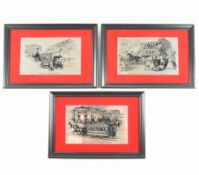 THREE HALLMARKED SILVER PLAQUE ETCHINGS OF BUSES & A TRAM