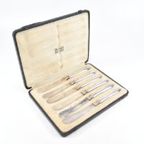 LIBERTY & CO CASED SET OF 6 HALLMARKED SILVER HANDLED KNIVES