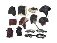 COLLECTION OF VINTAGE LEATHER FLYING HELMETS & GOGGLES