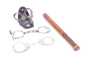 VINTAGE HANDCUFFS & WOODEN POLICE BATON