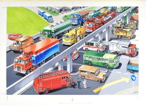 ORIGINAL MACMILLAN PUBLICATION ARTWORK - LORRIES, BUSES AND TRAMS