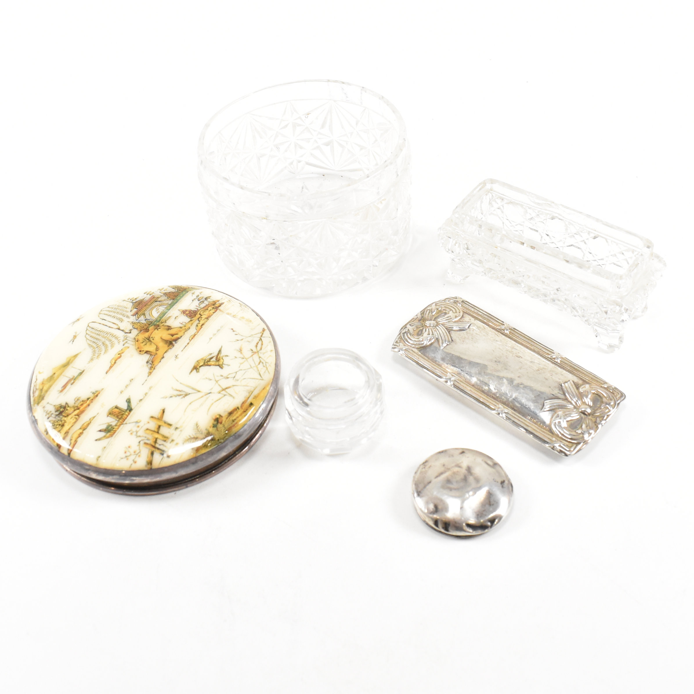 THREE HALLMARKED SILVER & WHITE METAL LIDDED CUT GLASS JARS & CARD HOLDER - Image 2 of 11