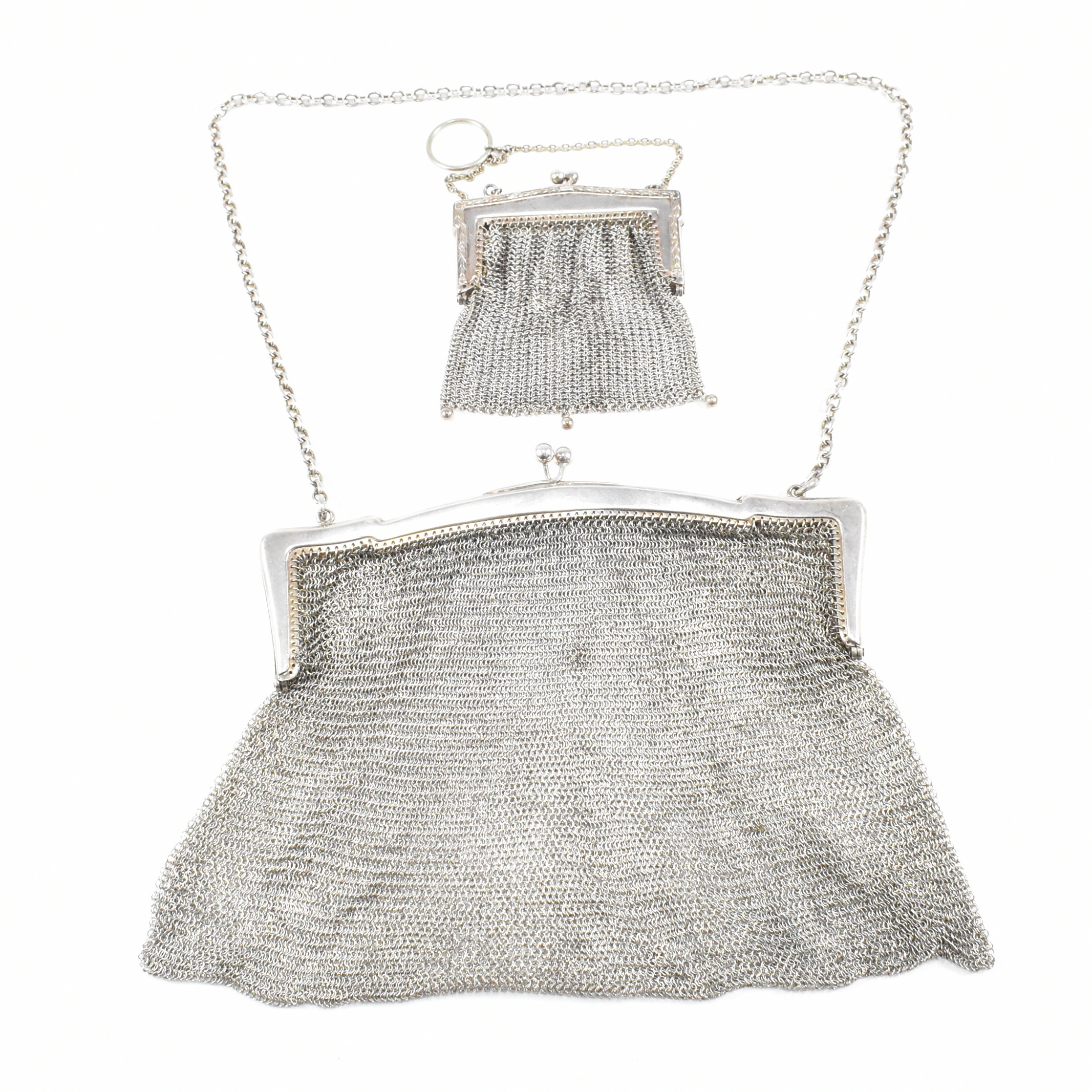 GEORGE V HALLMARKED SILVER MESH BAG & WHITE METAL PURSE