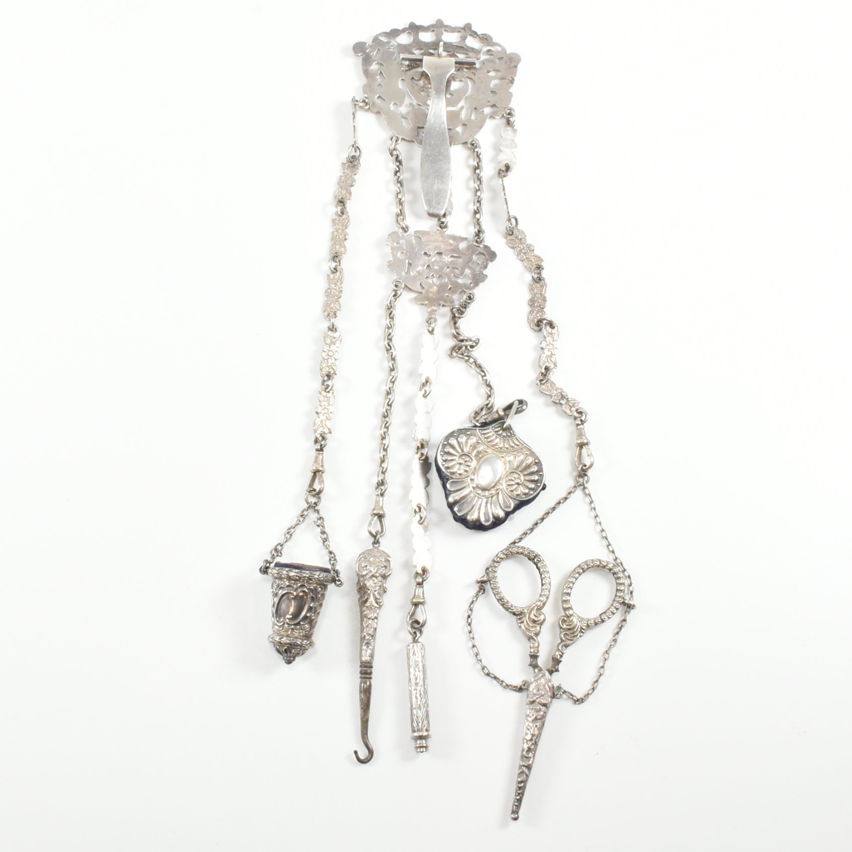 19TH CENTURY VICTORIAN HALLMARKED SILVER CHATELAINE - Image 2 of 18