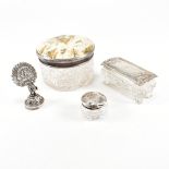 THREE HALLMARKED SILVER & WHITE METAL LIDDED CUT GLASS JARS & CARD HOLDER