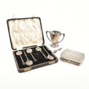 SELECTION OF SILVER ITEMS INCLUDING A NAPKIN HOOK AND CIGARETTE CASE