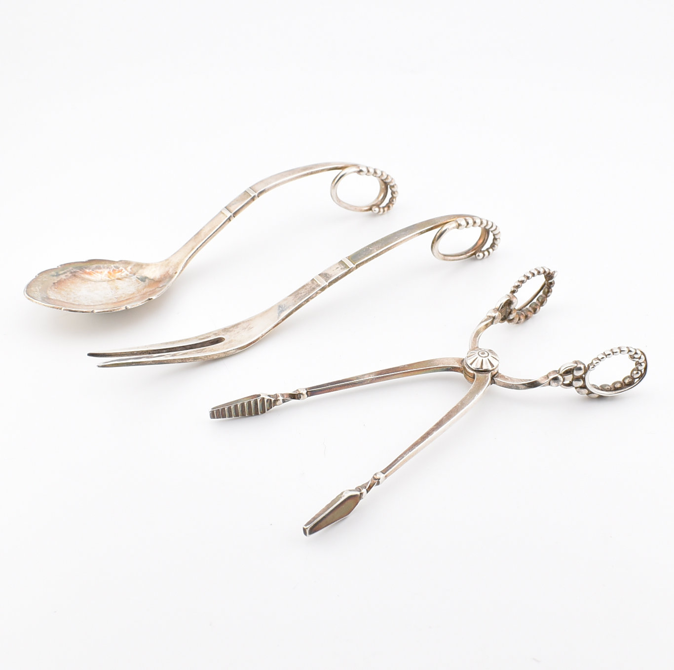 GEORG JENSEN SILVER ORNAMENTAL COLLECTION SPOON FORK TONGS 1918C - Image 3 of 9