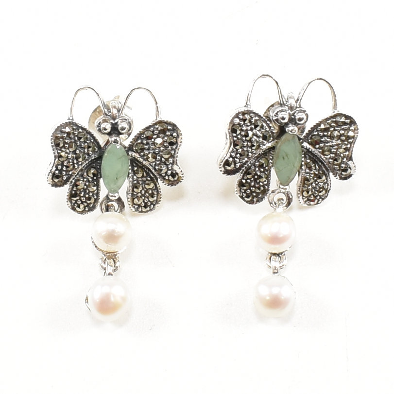 SILVER MARCASITE EMERALD & PEARL BUTTERFLY EARRINGS - Image 7 of 7