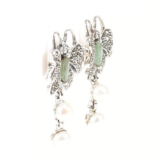 SILVER MARCASITE EMERALD & PEARL BUTTERFLY EARRINGS - Image 6 of 7
