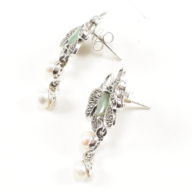 SILVER MARCASITE EMERALD & PEARL BUTTERFLY EARRINGS - Image 4 of 7