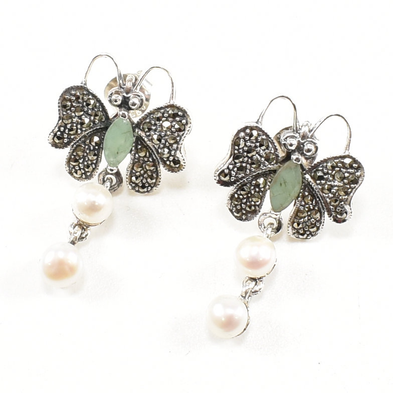 SILVER MARCASITE EMERALD & PEARL BUTTERFLY EARRINGS