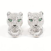 PAIR OF CONTEMPORARY SILVER CZ & EMERALD LEOPARD EARRINGS