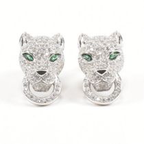 PAIR OF CONTEMPORARY SILVER CZ & EMERALD LEOPARD EARRINGS