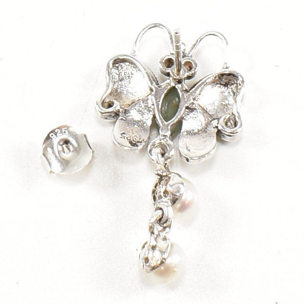 SILVER MARCASITE EMERALD & PEARL BUTTERFLY EARRINGS - Image 5 of 7