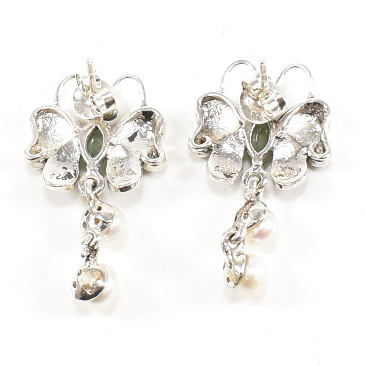 SILVER MARCASITE EMERALD & PEARL BUTTERFLY EARRINGS - Image 3 of 7