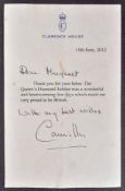 CAMILLA QUEEN CONSORT - AUTOGRAPHED TYPED LETTER