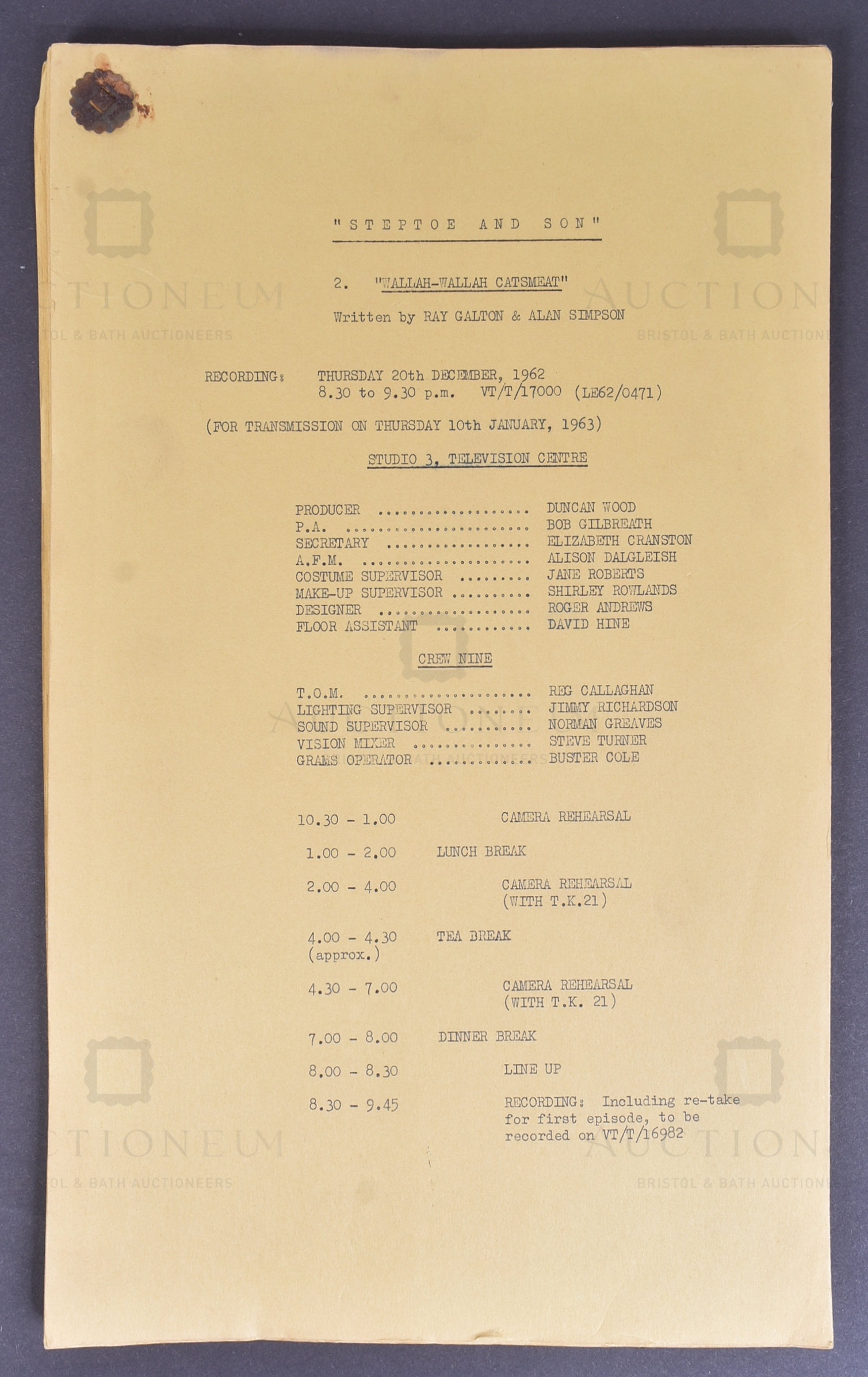 STEPTOE & SON (BBC SITCOM) - ORIGINAL STUDIO CAMERA SCRIPT