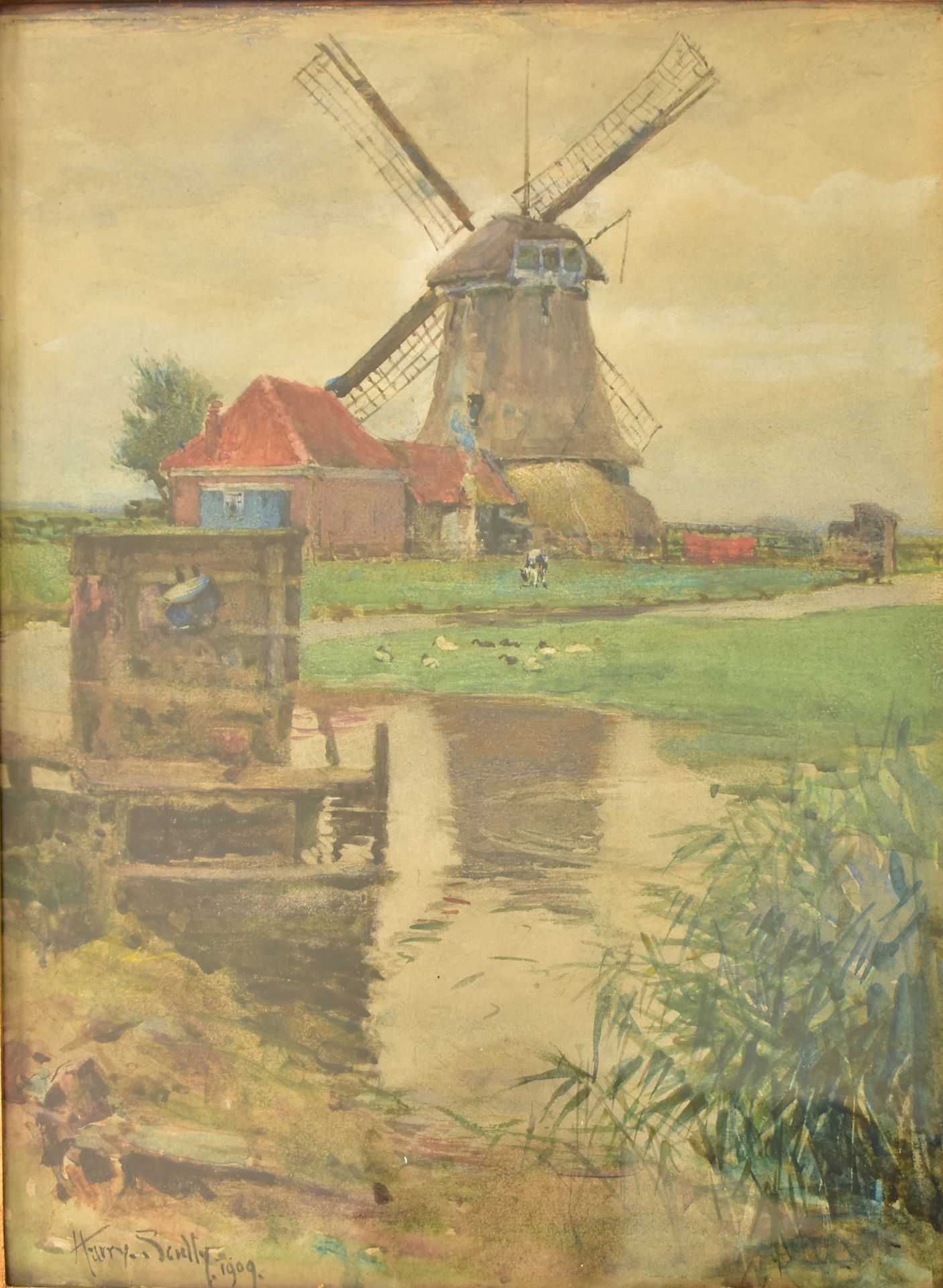 HARRY SCULLY RHA (B. 1863) - WINDMILL WATERCOLOUR - 1909