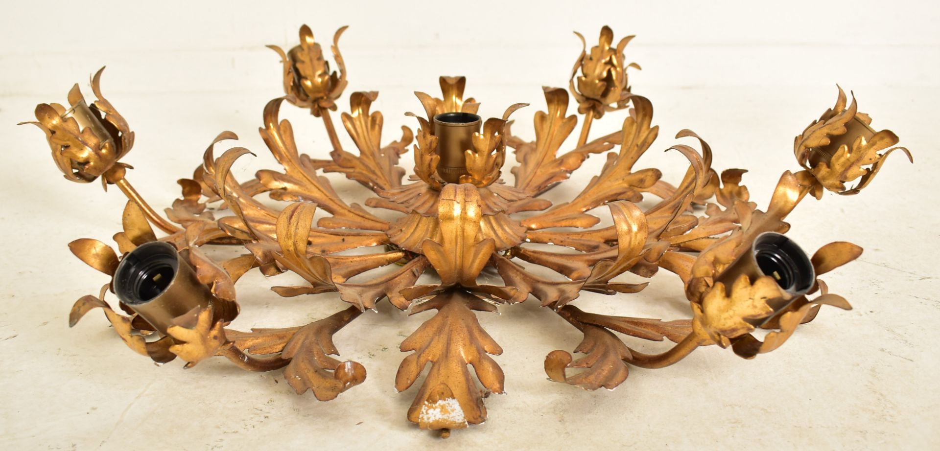 ITALIAN INSPIRED TOLEWARE STYLE GILT SIX ARM CEILING LIGHT
