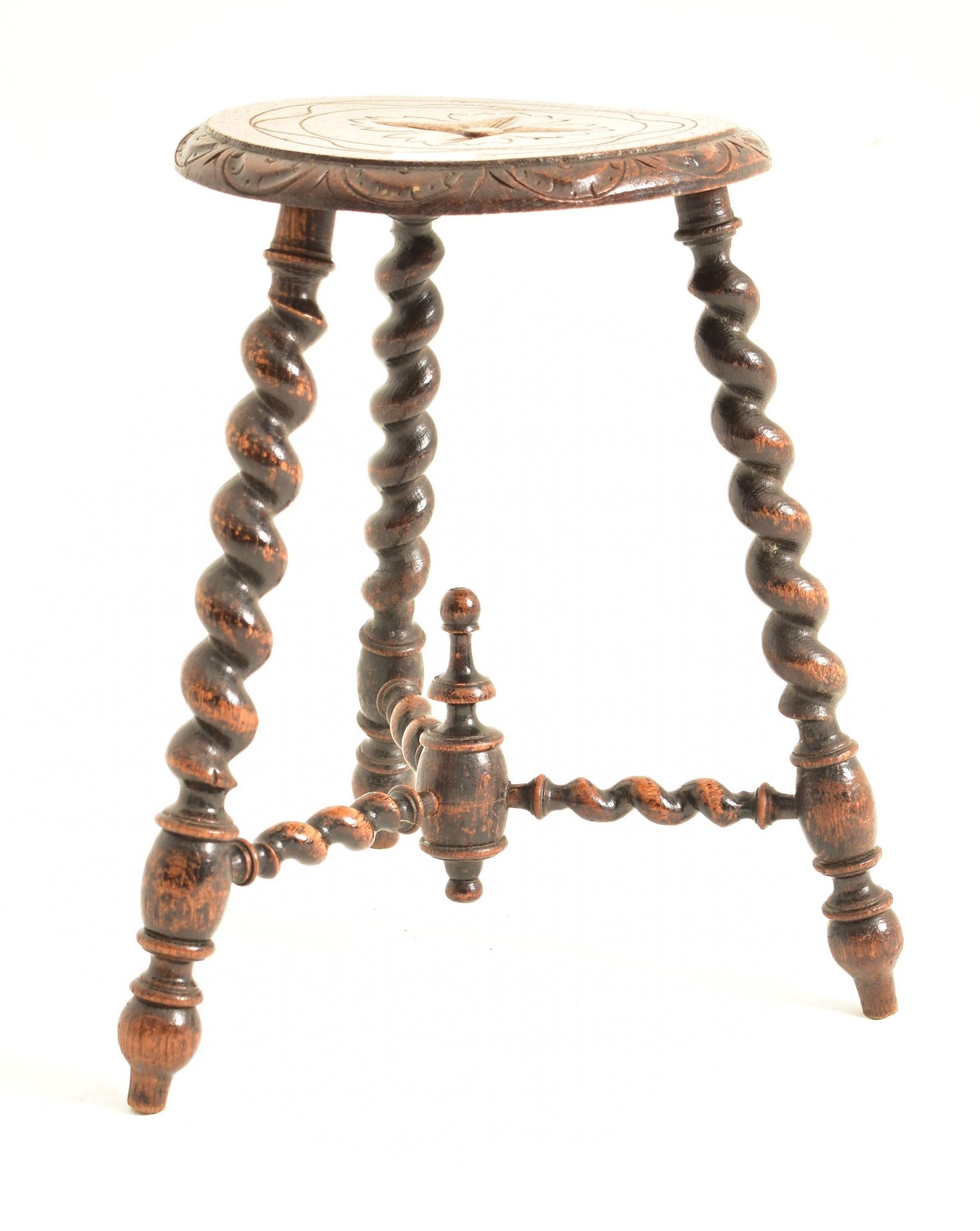 FRENCH 19TH CENTURY CARVED OAK BARLEY TWIST MILKING STOOL