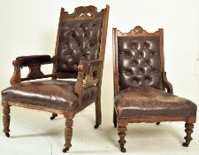 LATE VICTORIAN OAK & LEATHER LADIES & GENTS CHAIRS