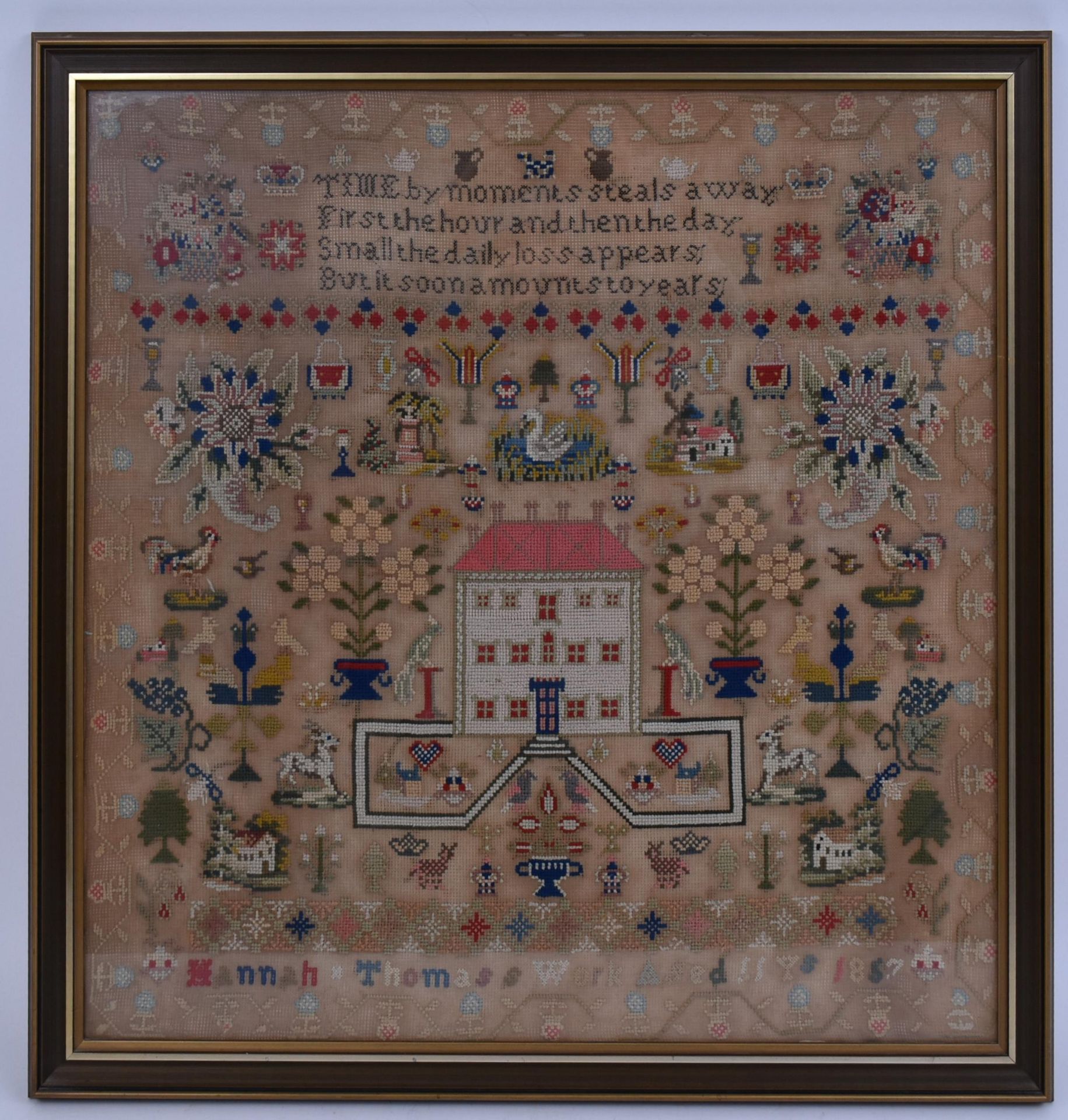 VICTORIAN 1857 NEEDLEPOINT SAMPLER BY HANNAH THOMAS AGED 11