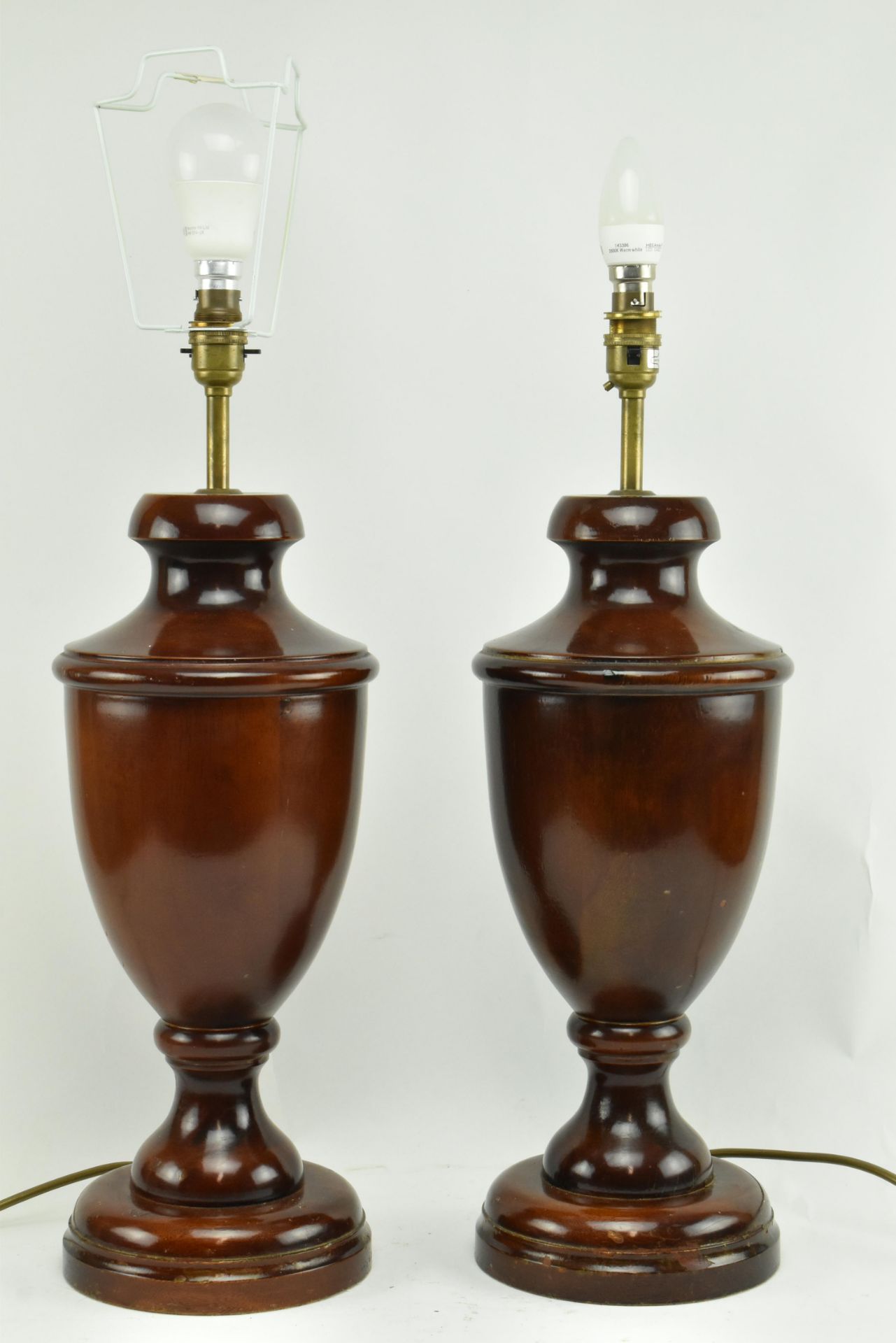 PAIR OF TURNED WOODEN DESK LAMPS IN PORTA ROMANA MANNER