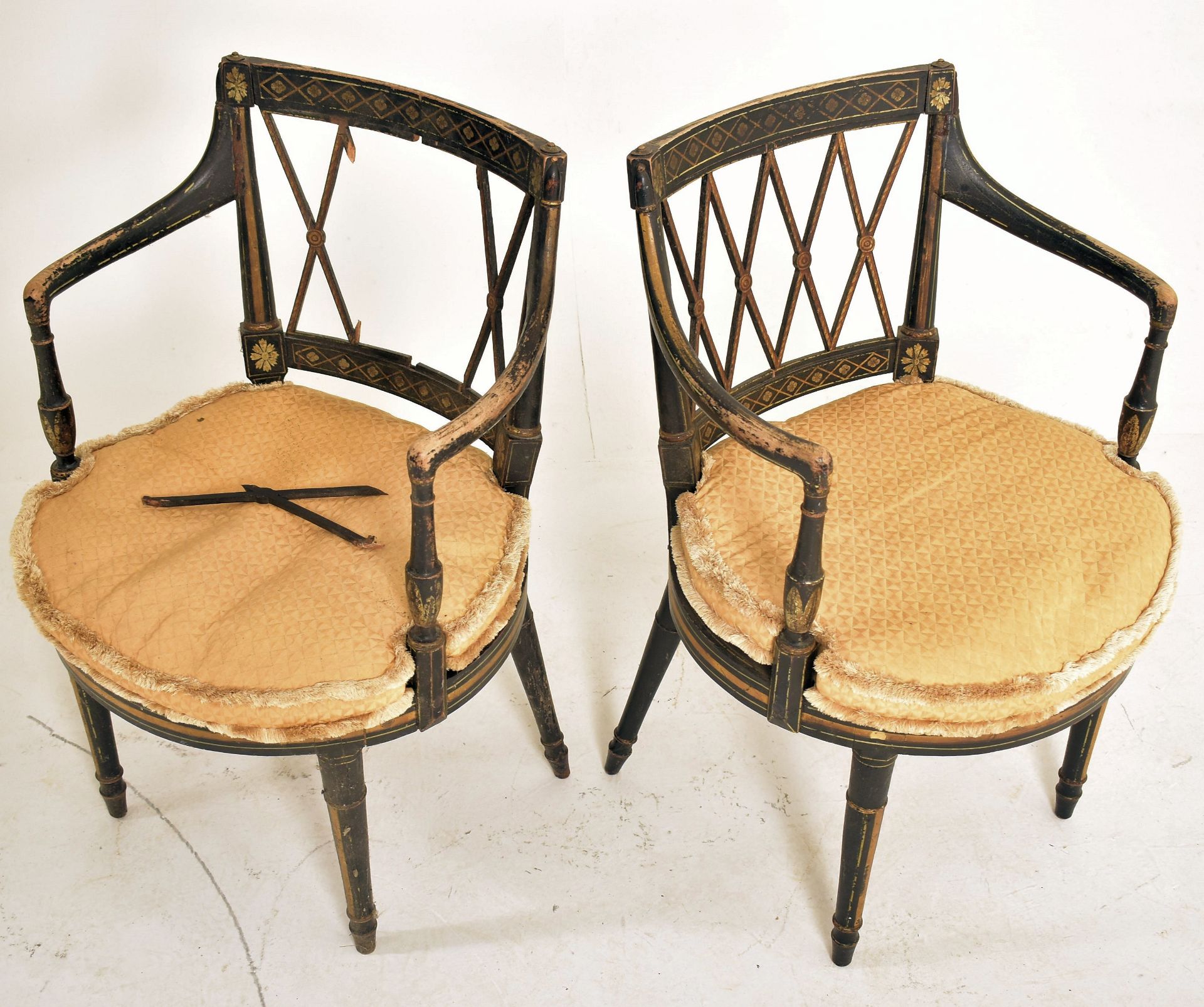 PAIR REGENCY 19TH CENTURY EBONISED & GILT PARCEL CHAIRS - Image 2 of 7