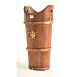 EARLY 20TH CENTURY OAK STAVED UMBRELLA ARMORIAL STICK STAND