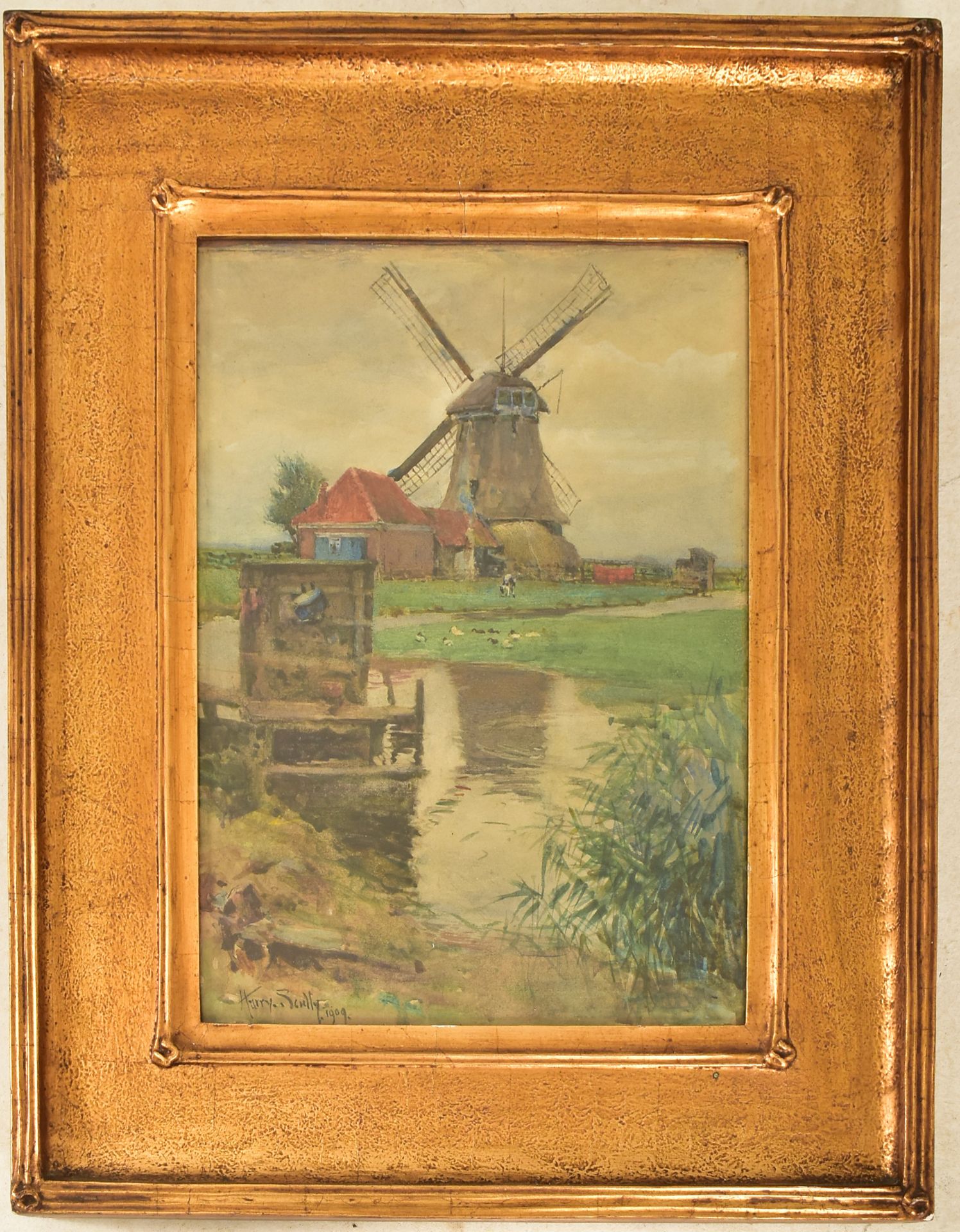 HARRY SCULLY RHA (B. 1863) - WINDMILL WATERCOLOUR - 1909 - Image 2 of 2